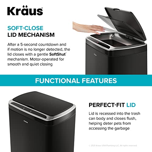 Kraus GarbagePro Rectangular 13 Gallon Hands-Free Motion Sensor Trash Can Battery Operated in Matte Black Finish with SoftShut Touchless Lid, KTCS-10MB