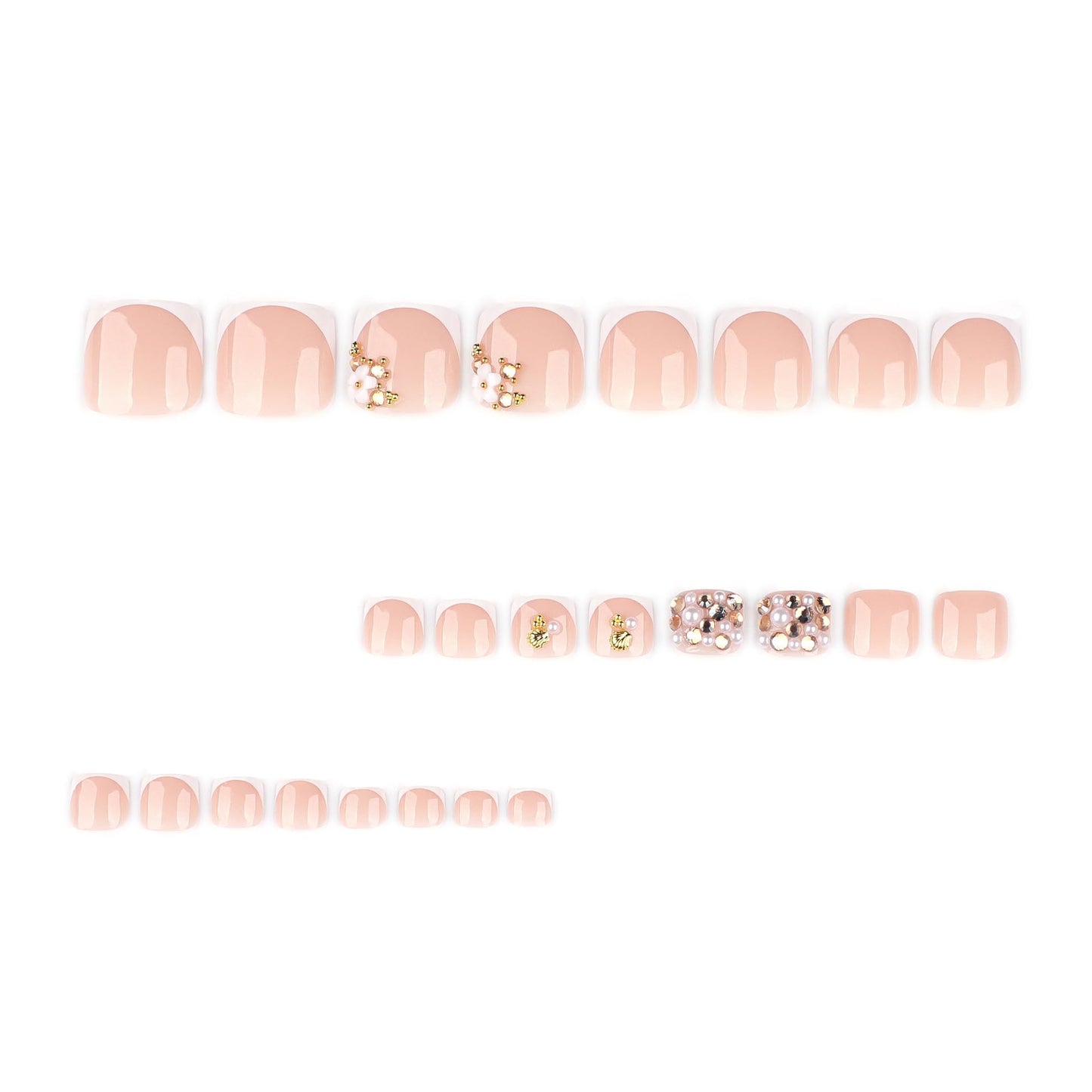 White French Tip Press on Toenails with Pearl Rhinestone Charms Short Glossy Fake Toe Nails Acrylic Flower Toenails Artificial Glue on Toe Nails Summer Toe Press on Nails for Women 24Pcs