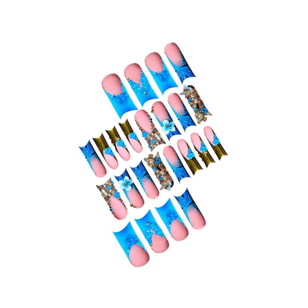 Long Square Press on Nails - Blue French Tips Fake Nails - 3D Flower Charm Design Gold Rhinestones False Nail Glossy Skin Tones Stick on Nails Cute Zebra Glue on Nail for Women Manicure 24Pcs
