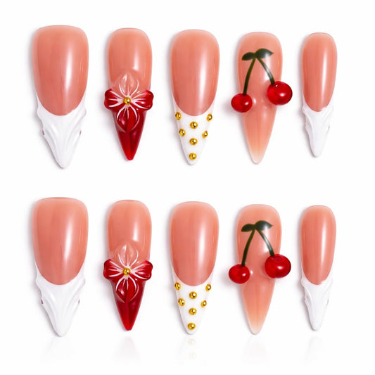 IntoVibes 10 Pieces Handmade Long Almond Press On Nails, White Thickened French False Nails, 3D Flowers And Cherries, Reusable Fake Nails Almond, Reusable Acrylic Nails (M)