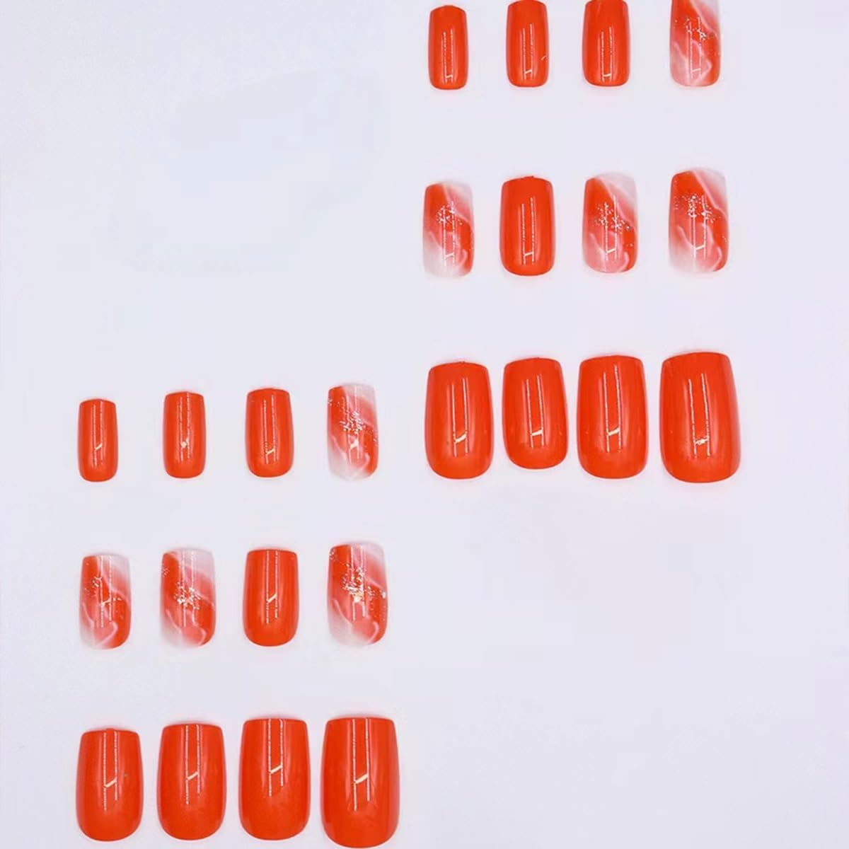 Medium Press on Nails Square - Orange Fake Nails with Gold Foil Design - Glossy Full Cover Stick on False Nails - for Women 24 Pcs