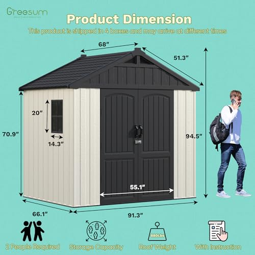Greesum 8×6 FT Plastic Outdoor Storage Shed with Floor, Resin Sheds with Window and Lockable Door, Weather Resistant Organization, Easy Assemble for Garden, Lawn, Pool Supplies, Beige