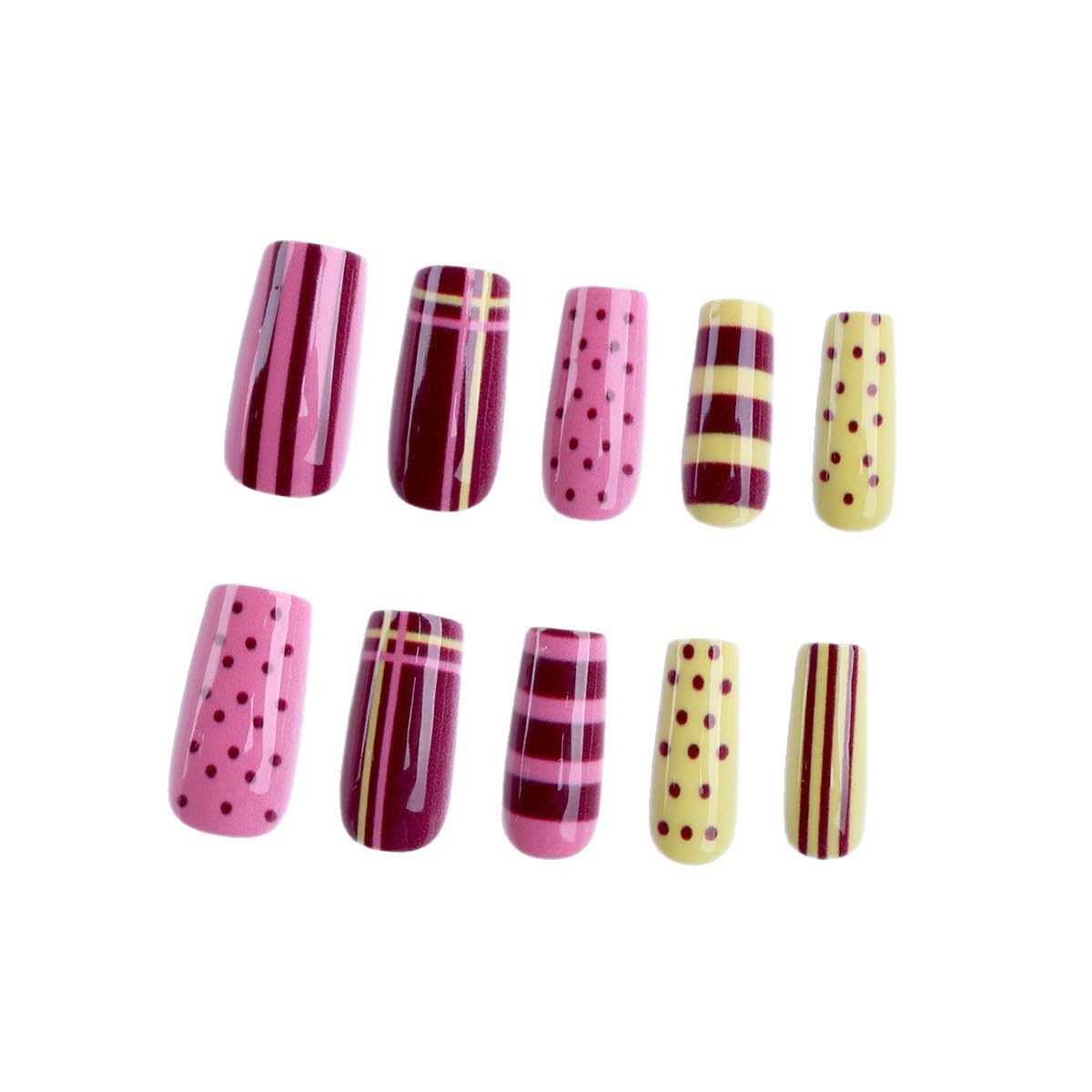 Long Square Press On Nails - Polka Dots & Striped Design, Burgundy, Yellow & Pink Colors, 24Pcs - Y2K Style, Reusable, Easy Apply