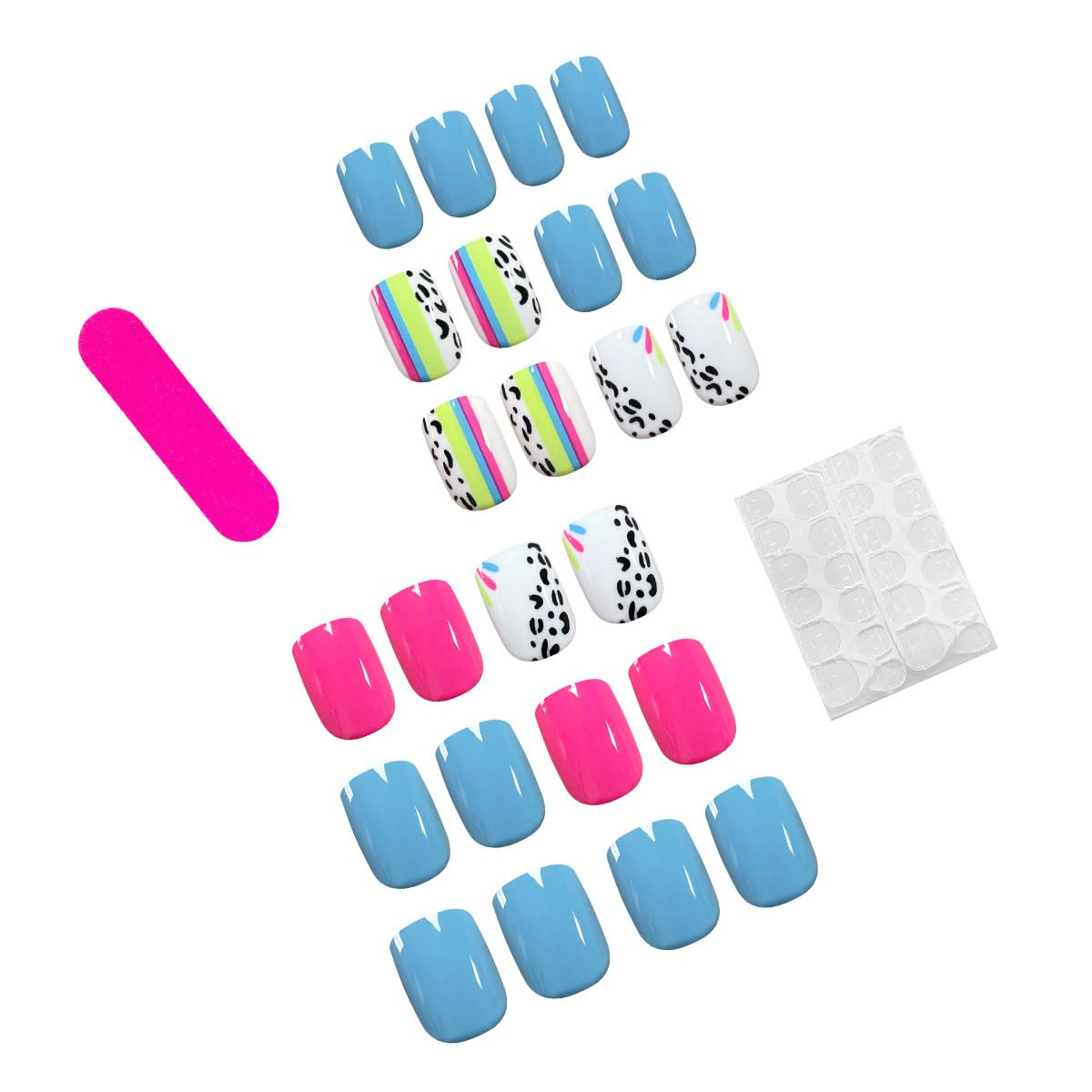 CTTHNBD Press on Nails Short - Square Fake Nails with Colorful Line Design - Glossy Full Cover Stick on Nails - for Women 24 Pcs