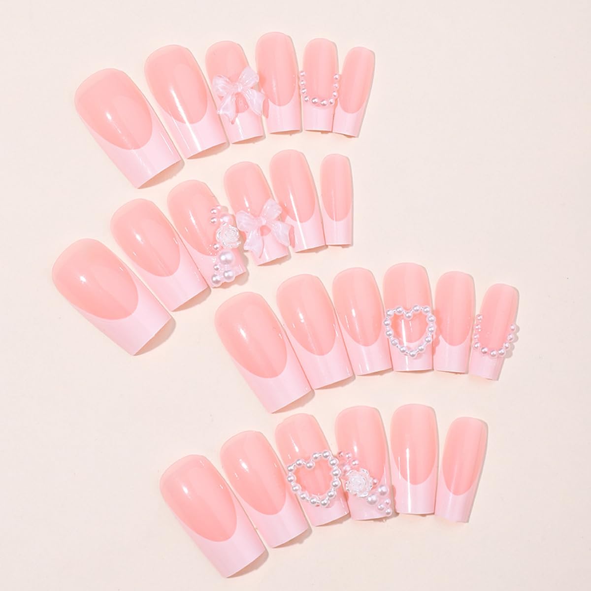 24Pcs French Tip Press on Nails with Charms Designs Medium Long Fake Nails French Heart Nails Press on Cute Rose Flower Stick on Nails Square Shape Acrylic Nails Pearl Nails for Women Daily Wear