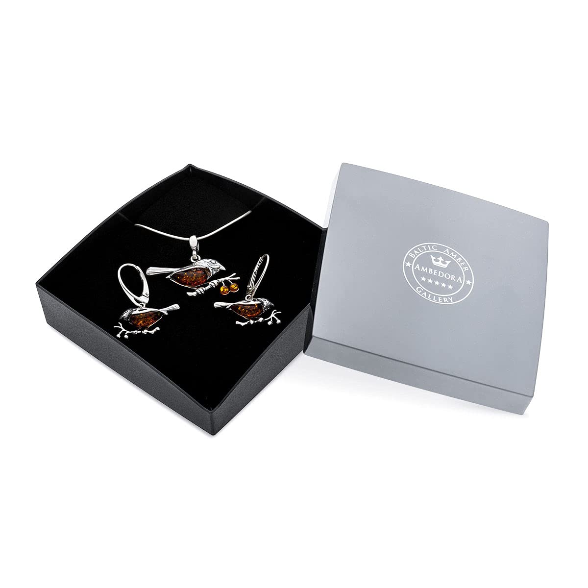 AMBEDORA Women's Jewellery Set Amber Sparrows, Oxidised Sterling Silver, Baltic Amber in Cognac Colour, Silver Pendant on Chain and Earrings