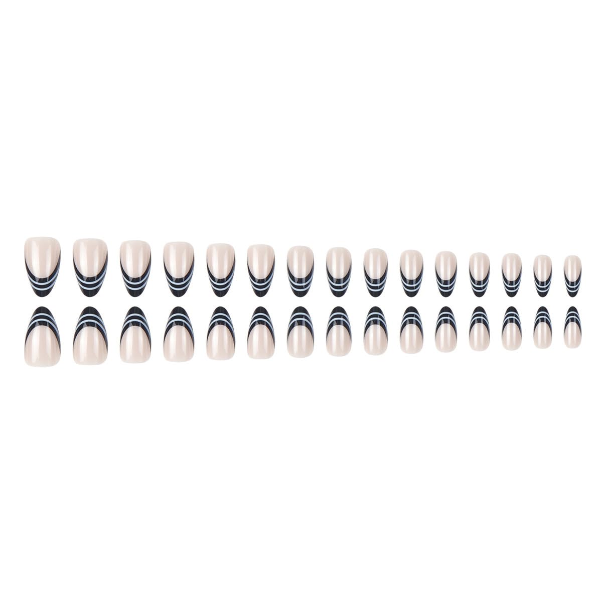 30 Pcs Black and White Stripe French Tip Press on Nails, Short Almond Fake Nails Press ons with Design, Glossy Acrylic Full Cover Stick on Nails for Women Manicure