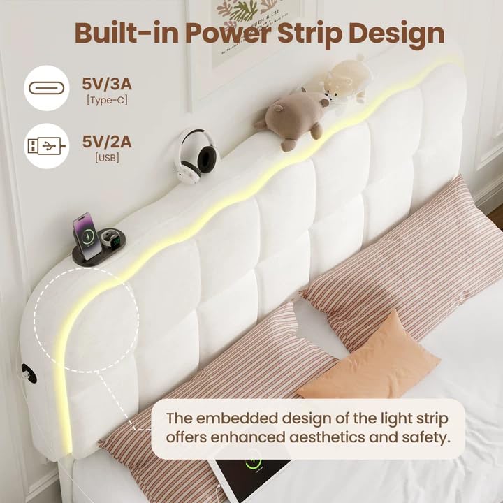 CypBed Queen Size Bed Frame with 4 Storage Drawers & LED Lights, Velvet Upholstered Platform Bed Frame with Charing Station and Adjustable Headboard, Wood Slats Support, No Box Spring Needed, White