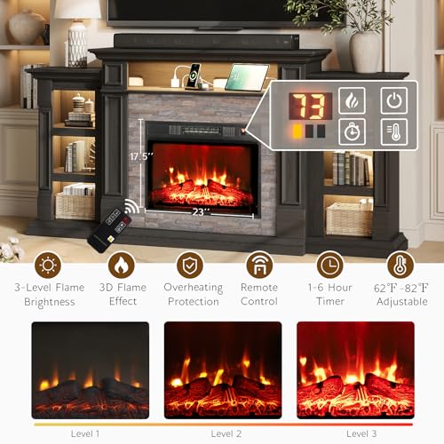 72" LED Fireplace TV Stand with Outlet, Electric Fireplace with Mantel for TVs Up to 80 Inch, Entertainment Center with Storage, Fireplace Heater Insert with 3D Flame Effect for Living Room, Black