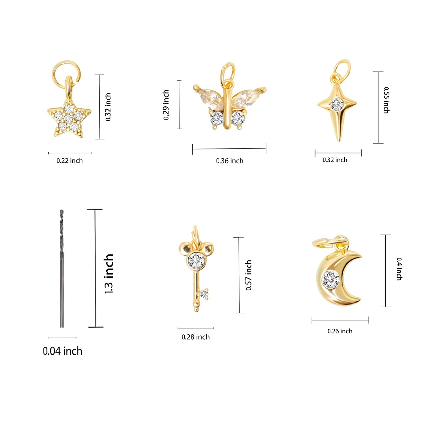 Rojwei 14K Gold Plated Nail Piercing Pendants and a Manual Drill, 5 pcs Metal 3d Nail Art Charms with Rhinestones, dangle bling decoration as Fingernail Jewelry Diy