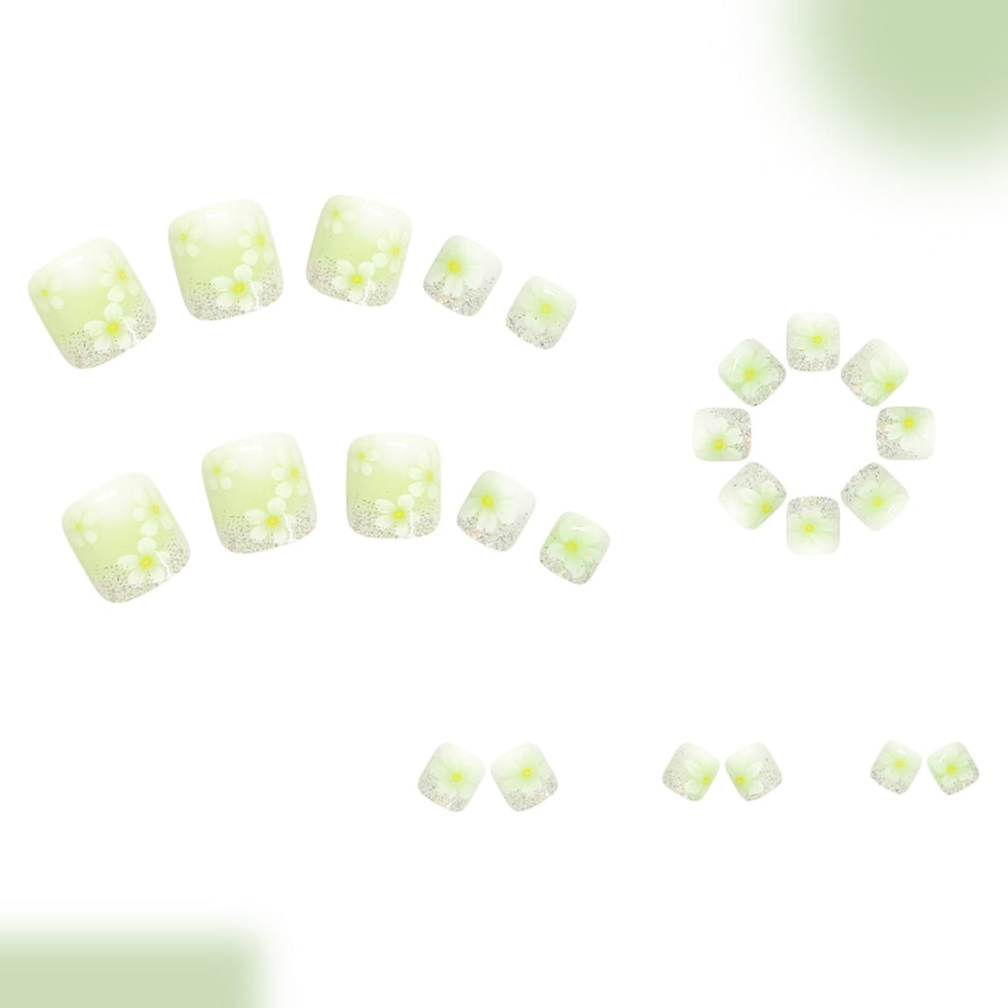 24Pcs Flower Press on Toenails,Short Square Fake Toenails with Glitter Acrylic Designs, Cyan French Gradient Toenails Full Cover Reusable Glossy Stick on Toes Nails for Women