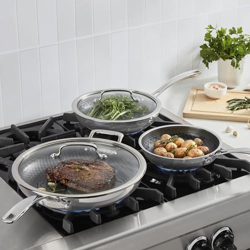 Cuisinart FusionPlus Hybrid Nonstick Stainless Steel Cookware Set, 5-Piece Skillet Cooking Set with PFAS-Free PURELYSEAR Ceramic Non Stick Technology, Scratch Proof, Cool Grip Handles, Dishwasher Safe