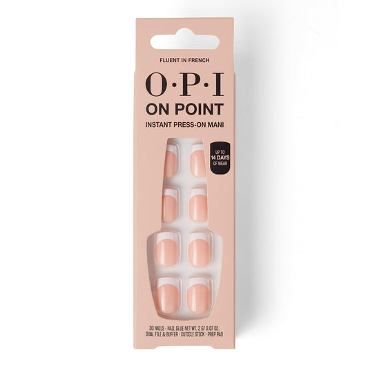 OPI On Point Fluent in French | Short Squoval Nude Pink & White French Tip Press On Nails | 30 Count with Nail Glue | Long Lasting, Reusable, Non-damaging