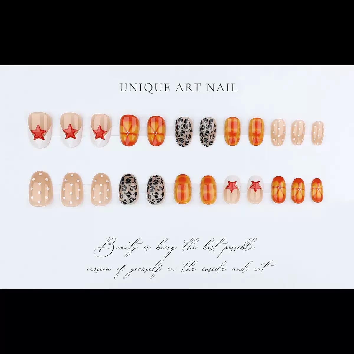 CTTHNBD Short Press on Nails - Oval Fake Nails with Star Polka Dot Design - Leopard Print, French Tip False Nails for Women - 24 Pcs