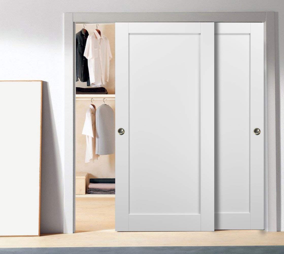 Sliding Closet Door SARTODOORS Quadro 4111 Bypass Interior Doors, no Glass, MDF, 84x80, White, Modern Style Hardware Included