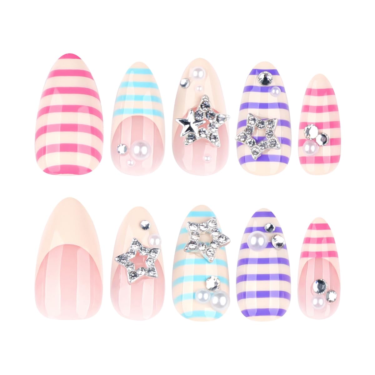 Short Almond Press on Nails Y2K Fake Nails Press ons with 3D Star & Pearl Designs, Colorful Striped False Nails Glossy Acrylic Full Cover Glue on Nails for Women Manicure 24Pcs