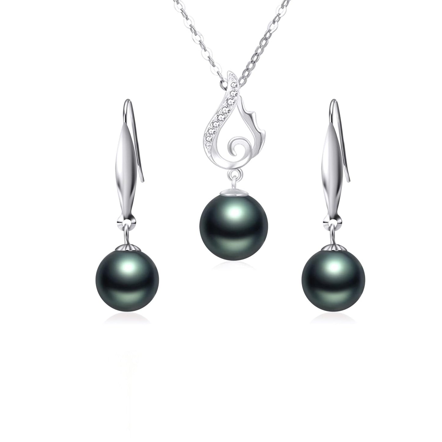 14k White Gold Diamond and Dyed Black pearl Necklace + 18k Earrings Set