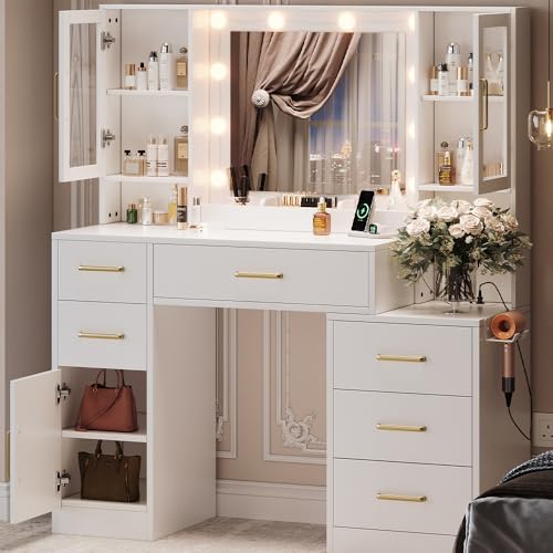 lertrugs Makeup Vanity Desk with Mirror and Lights, 51”Makeup Vanity Table with Lighted Mirror, Nightstand Dressing Table with Mirror and Lights, Big Vanity with 6 Drawers & Lots Storage Space White