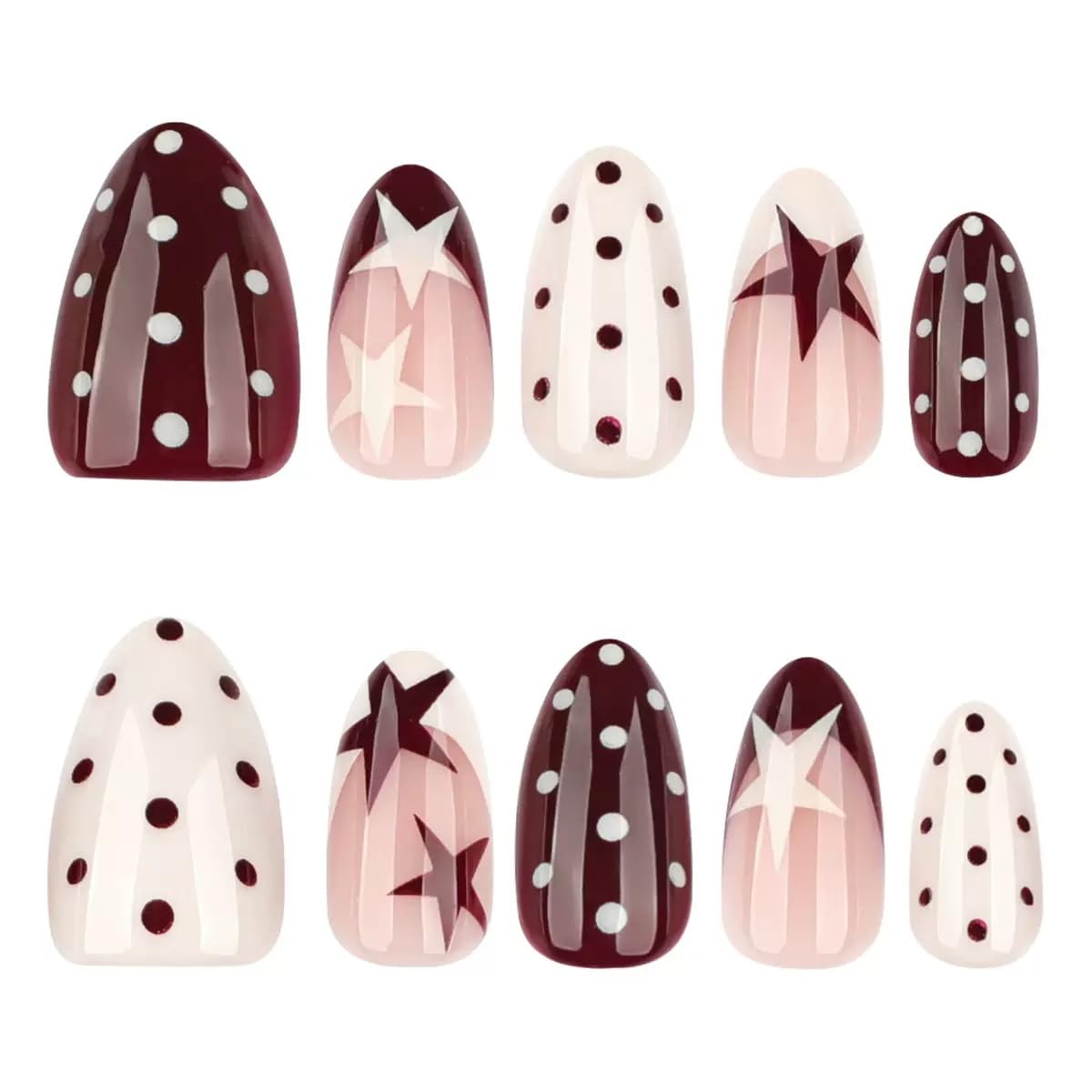 CTTHNBD Press on Nails Almond - Short Fake Nails with Polka Dot Star Design - Wine Red, French Tip False Nails for Women - 24 Pcs
