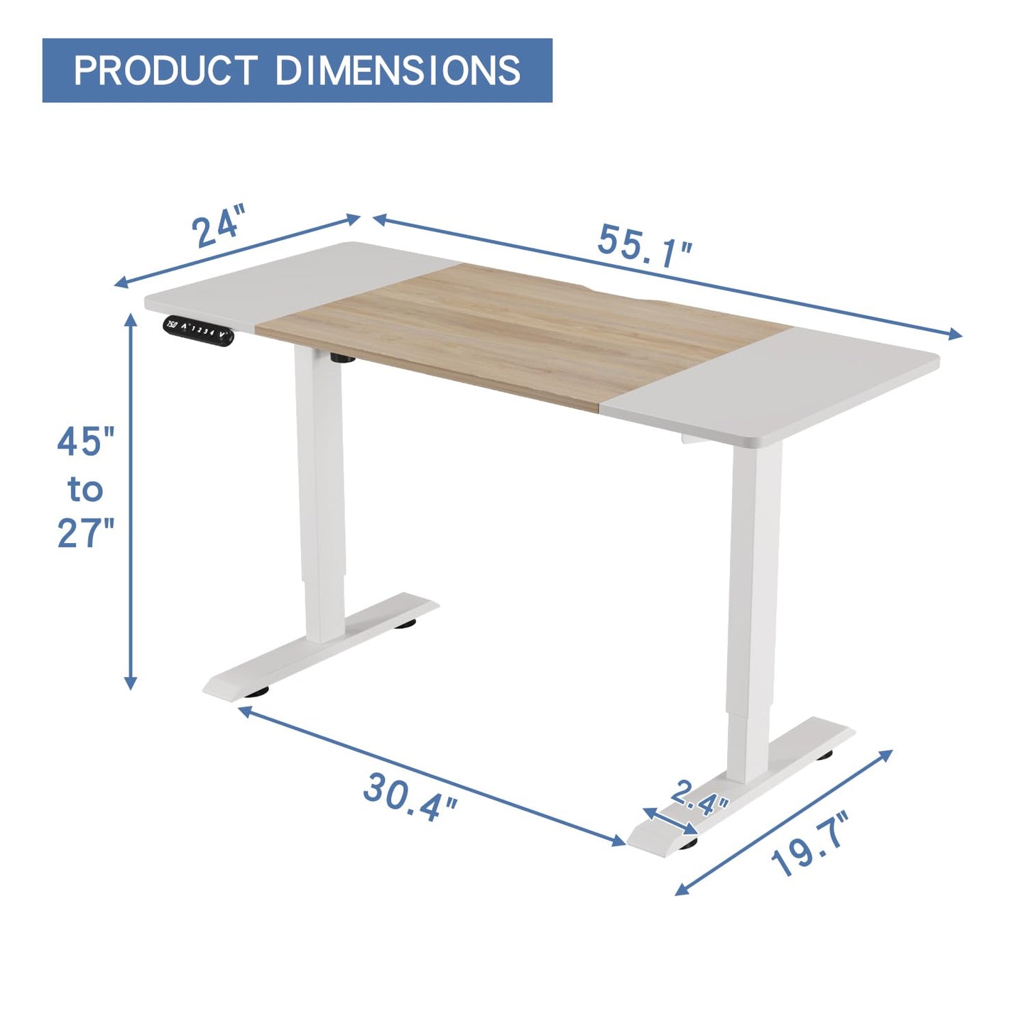 bilbil Height Adjustable Electric Standing Desk, 55 x 24 Inches Sit Stand up for Work Office Home, Ergonomic Rising Computer Table with Memory Preset with Splice Desktop (Oak, White)