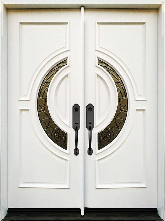 BGW Doors - Exterior Wood Door with Crescent Glass White Pre-Hung Pre-Finished Entry Double Door M580E-WT- Lefthand Swing 36x96