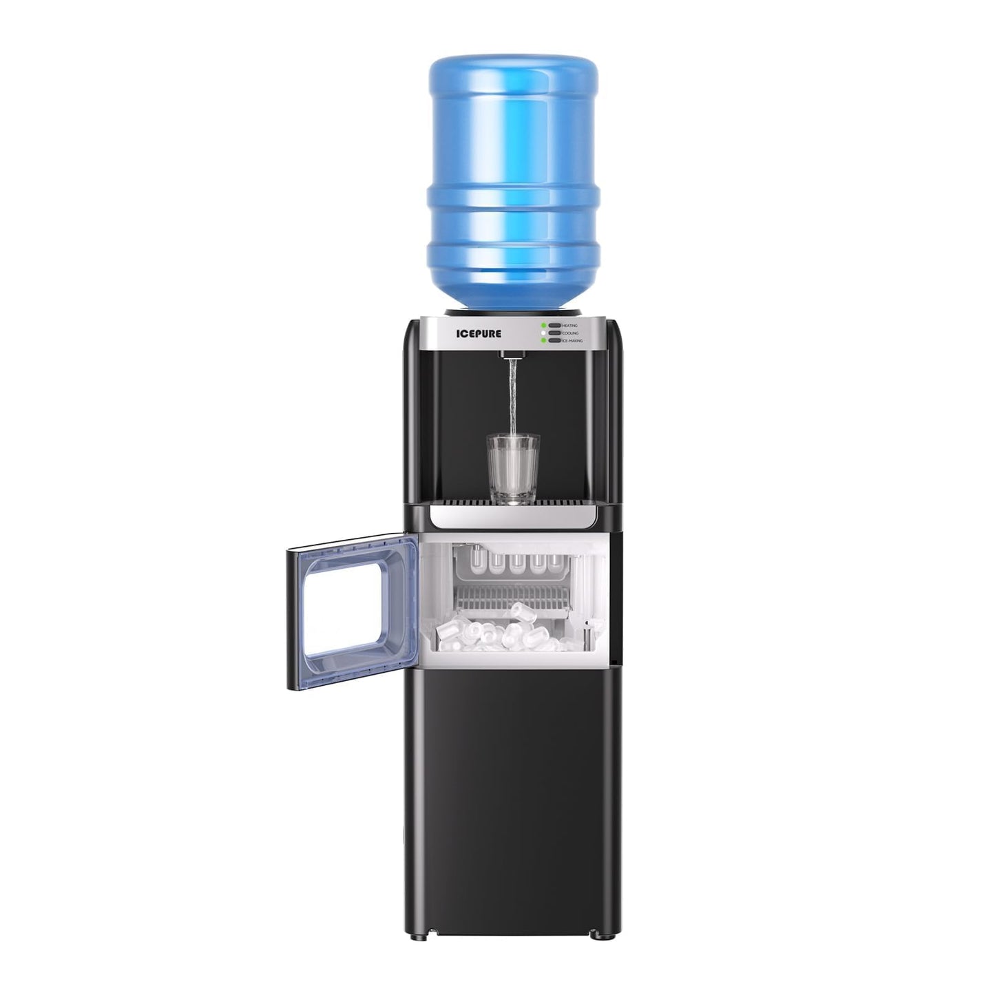 ICEPURE 3-in-1 Water Dispenser with Built-in Ice Maker, Water Cooler Dispenser for 5 Gallon Bottle Top Loading, Hot and Cold Water Dispenser with Child Lock for Home and Office, 33lbs/24H