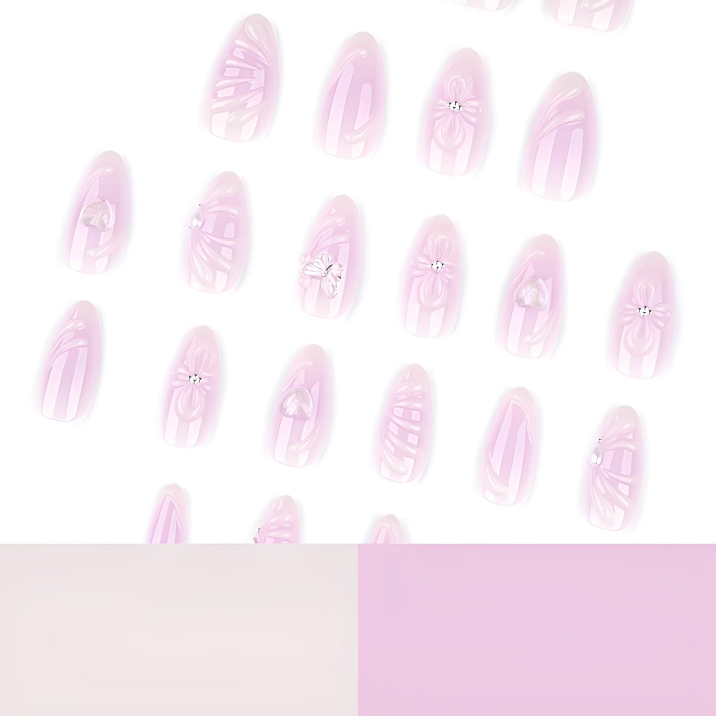 3D Flower Press on Nails Medium Almond Fake Nails Heart Butterfly Nails Press Ons Glossy Full Cover False Nails Purple Glue on Nail Acrylic Stick on Nails for Women Decorations Set 24Pcs