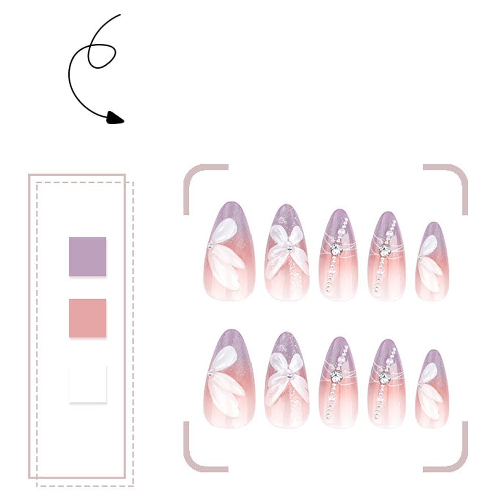 24Pcs Medium Almond Press on Nails - Pink Glitter Gradient Fake Nails with 3D White Butterfly Rhinestone Pearl Design Glossy Full Cover Acrylic Nails Reusable False Nails for Women Wedding Daily Wear
