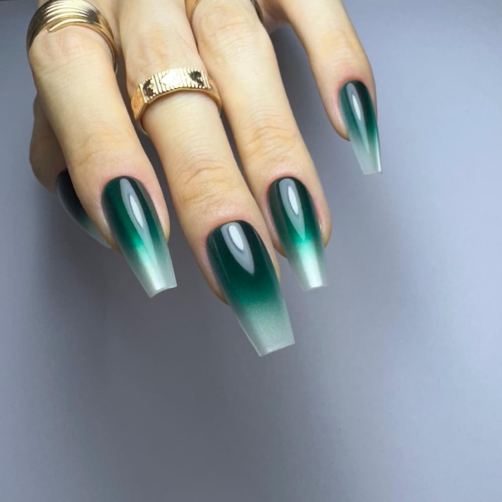 Redykat Handmade 24PCS Glossy Coffin Press On Nails, Extra Long Emerald Green Fake Nails, Gel Green Ombre Cat Eye False Nails, Salon Quality Nail art, Home Quick Manicure……… (Jade)
