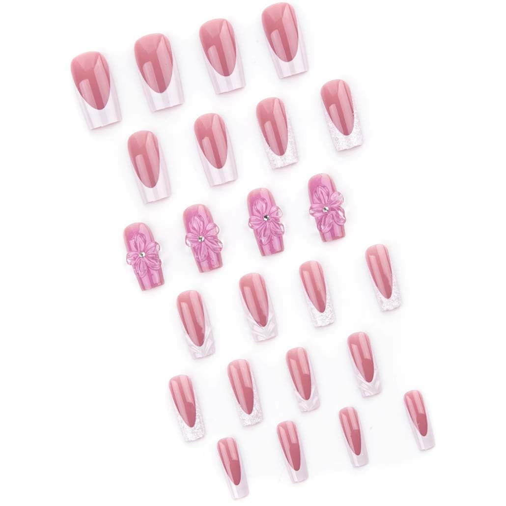 Foccna French Press on Nails Medium Long Pink Fake Nails Square Bling Glossy 3D Flower Design False Nail Tips Artificial Nails Finger Manicure for Women and Girls-24pcs