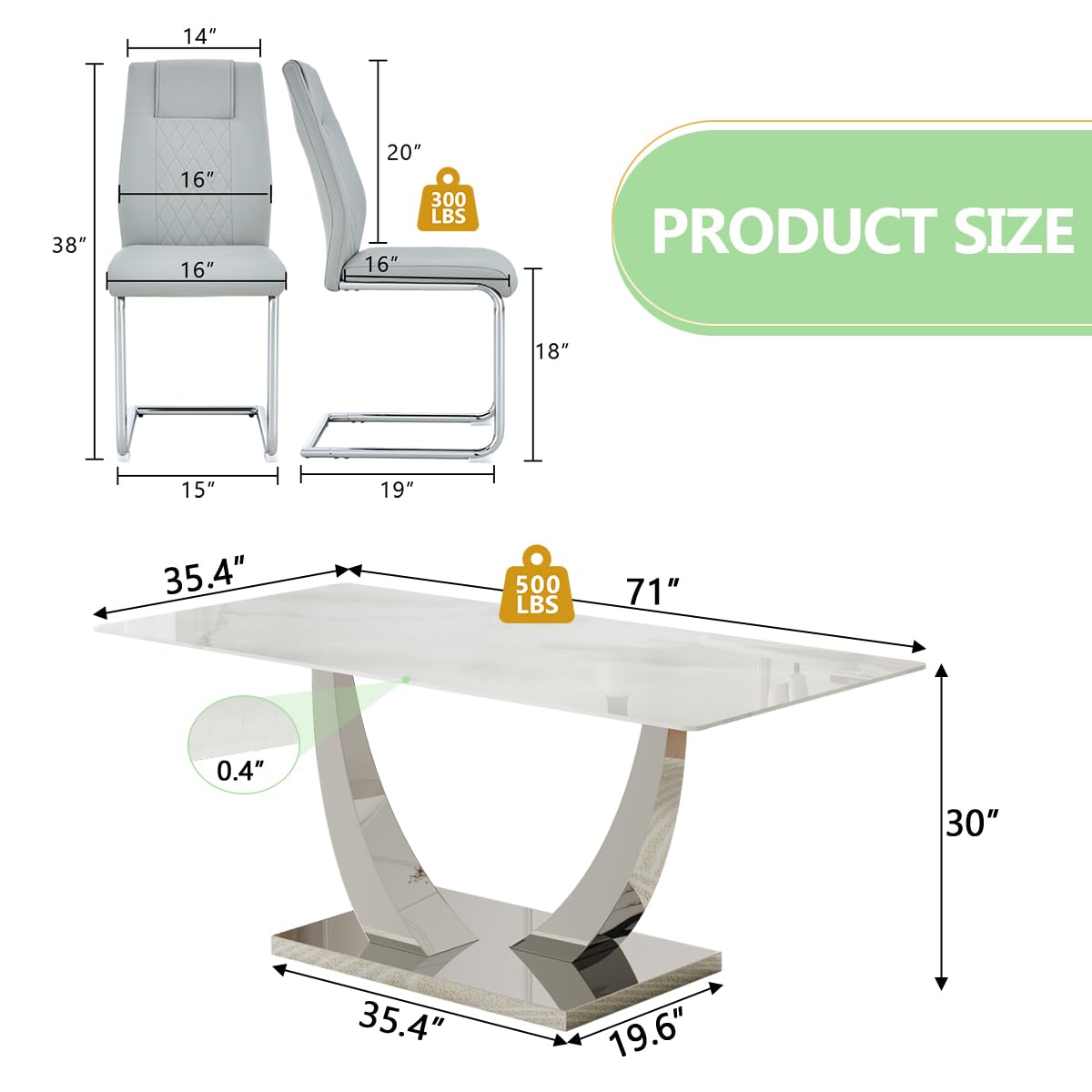 NYEESS 71" Dining Table Set for 8, White Dining Room Table Set with 8 PU Leather Chairs, Rectangular Faux Marble Kitchen Table Set for 8 with Tempered Glass Top and Silver Chrome Base