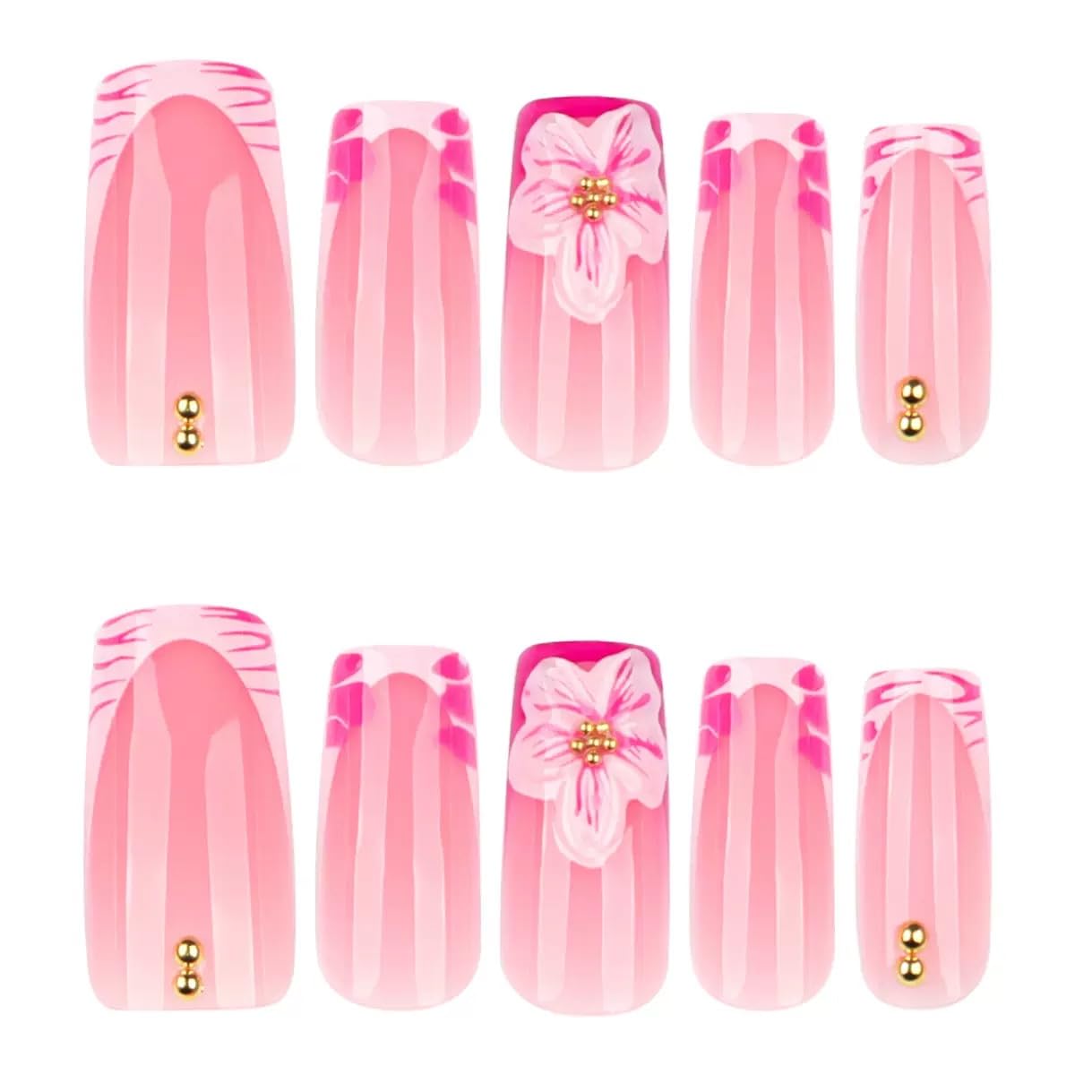 Medium Square Press on Nails - French Tip Fake Nails with 3D Flower Design - Pink False Nails Press ons - for Women 24 Pcs