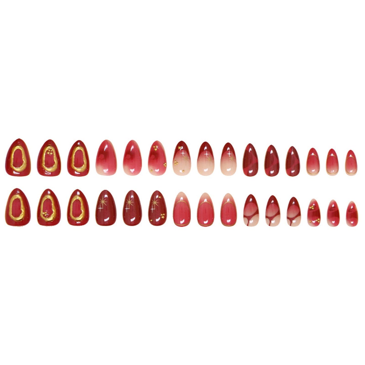 24Pcs Deep red Press on Nails Medium Almond Fake Nails with 3D Texture Gold Design French Nails Gold Star Bead Stick on Nails Y2K Golden Line Ombre False Nails Punk Artificial Glue on Nails for Women