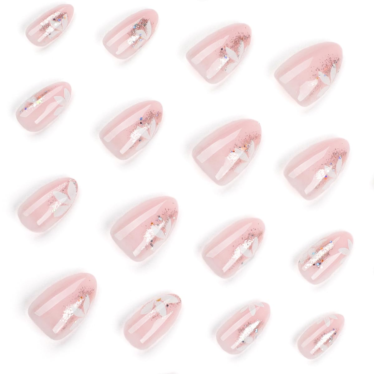 Flower Press on Nails Medium Almond Fake Nails Nude Nails Press ons with Floral Design,Reusable & Easy Apply Full Cover Stick on Nails for Women Girls Manicure 24Pcs