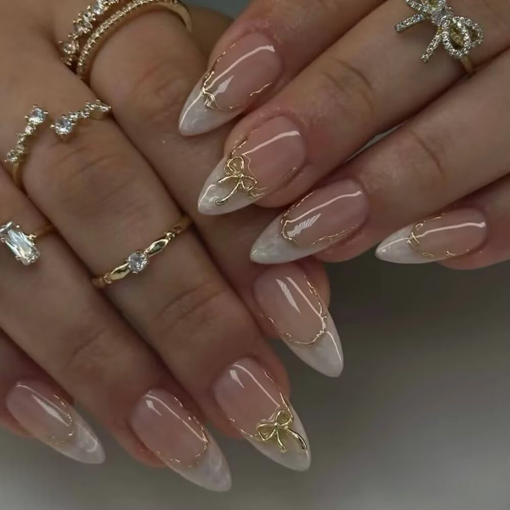 MAGLFELL Press On Nails - Handmade Almond Fake Nails, Cute French Bow Design, Reusable Artificial Almond False Nails for Women 10 Pcs 3D Acrylic Nails Kit (Size S)