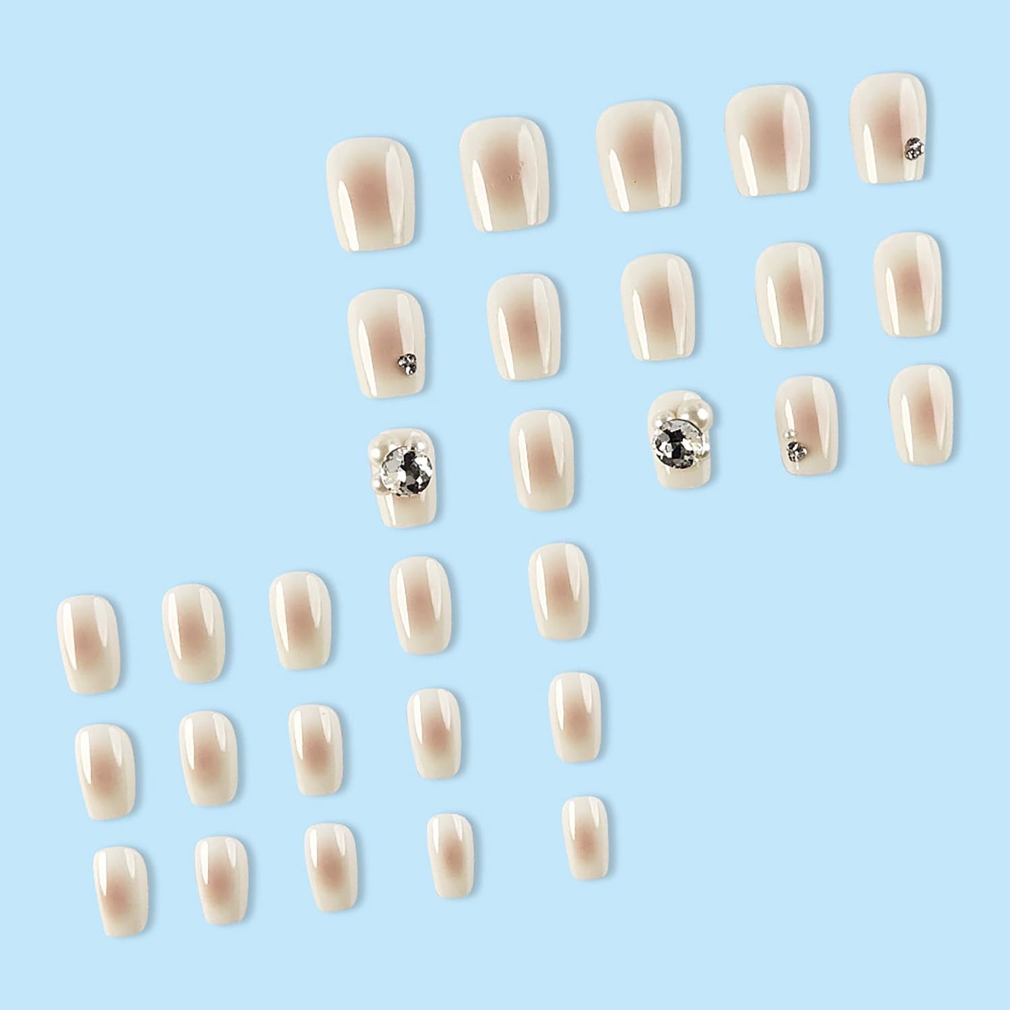 Vezocim Press on Nails Short Square-24Pcs Glossy Full Cover Acrylic White False Nails with Rhinestone Designs Artificial Extra Short Square Fake Nails with Glue Stick on Fingernails for Women Girls