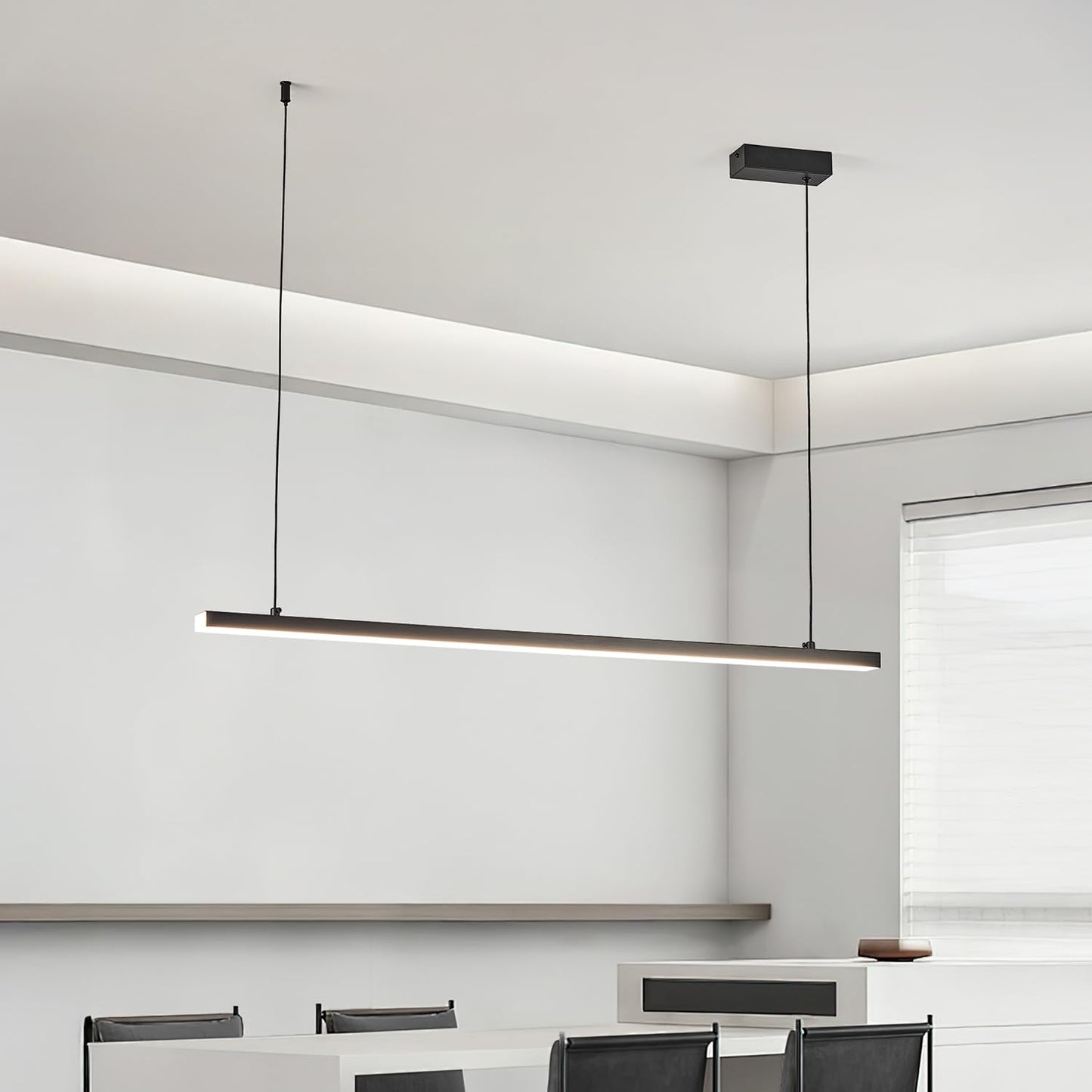 Black long chandelier, dining room light, Nordic modern minimalist style, office, long bar counter, kitchen light, color temperature adjustable from 3000K to 6000K, LED chandelier, 70.87 inches