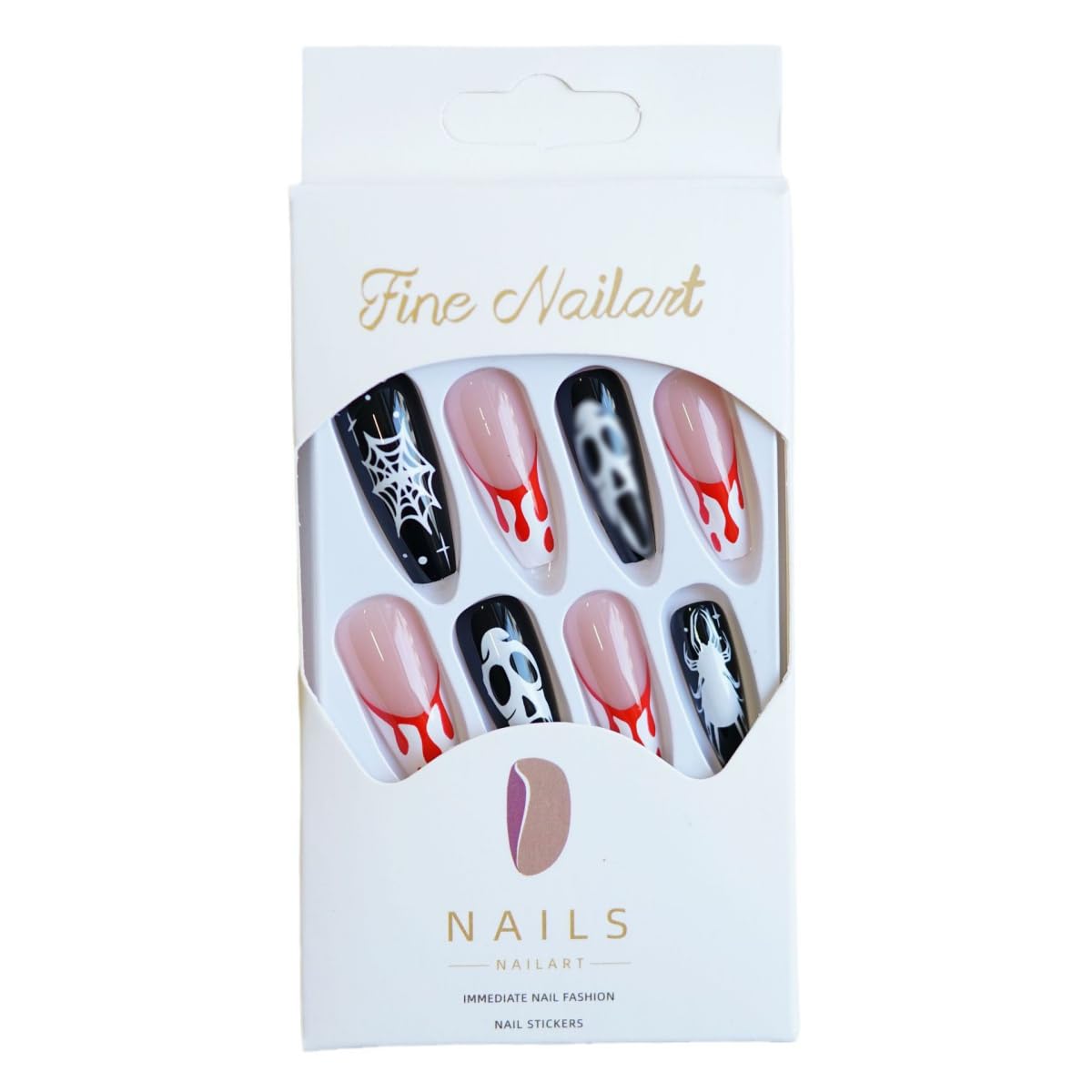 Halloween Press on Nails Long Coffin Fake Nails Horror Ghost Blood False Nails White French Tip Design Stick on Nails Artificial Reusable Full Cover Acrylic Glue on Nail for Women Manicure 24Pcs