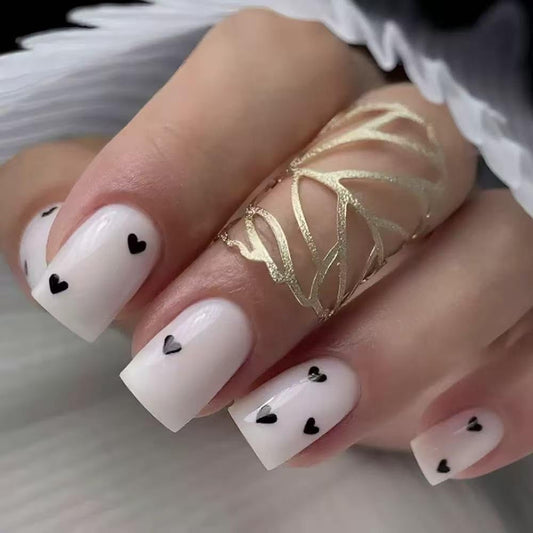 Square Press on Nails Short Glossy White Fake Nails with Black Heart Design Full Cover Winter Stick on False Nails for Women 24 Pcs