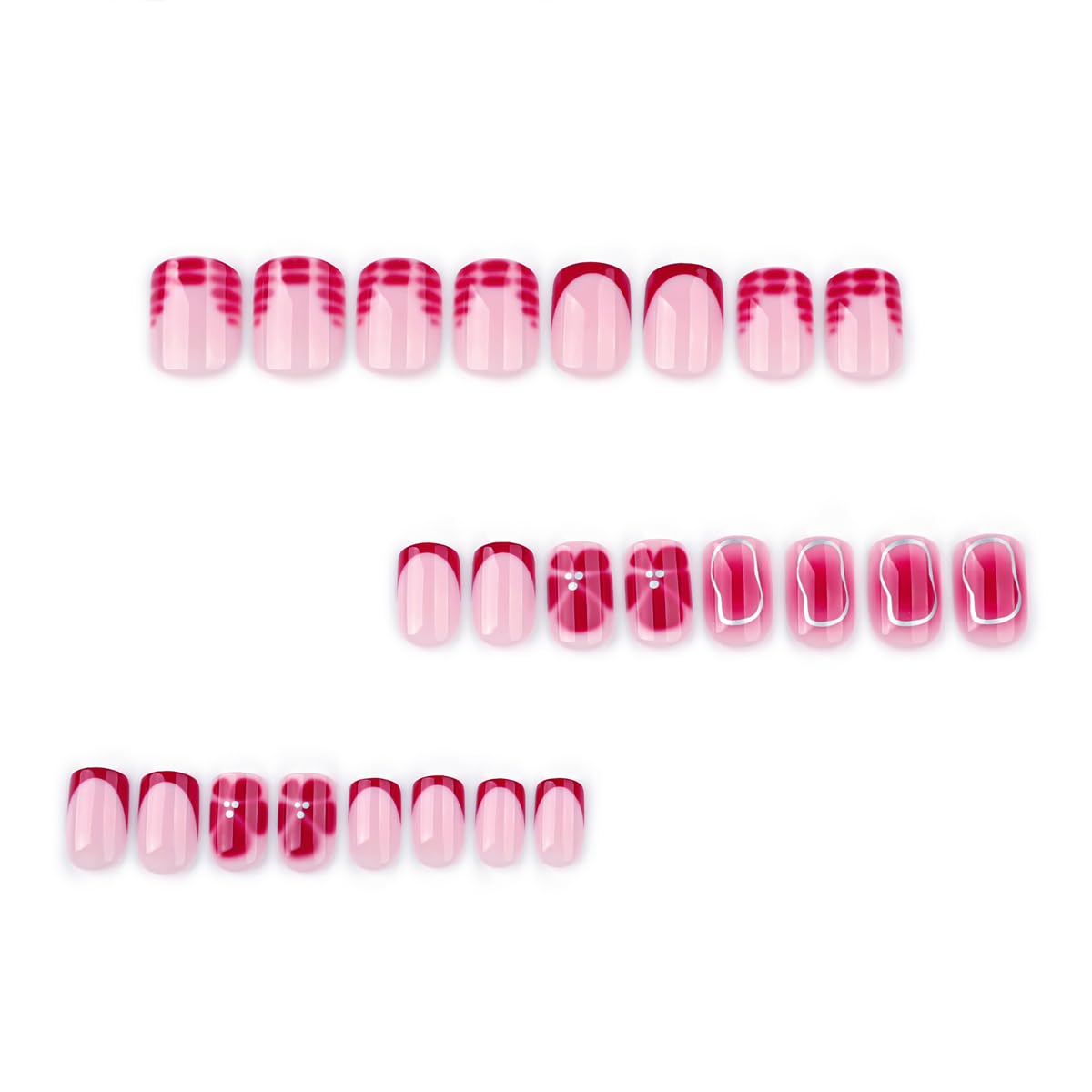 Mivota Short Square Press on Nails with Red Flower Designs Of Silver Lines Fake Nails Nude Acrylic Press ons Nails Full Cover Stick on Nails Reusable for Women Manicure Kit 24 Pcs
