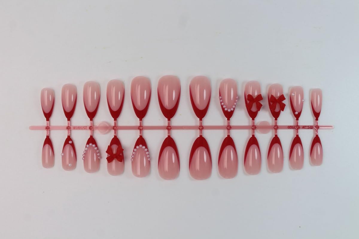 Red French Tip Press on Nails - Medium Almond Fake Nails with 3D Bow | Pearl Designs False Nails Reusable Glue on Nails Glossy Full Cover Stick on Nails for Women Manicure 24Pcs
