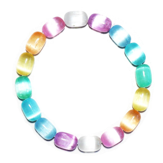 TaHLga Natural Rainbow Selenite Crystal Bracelet for Women Men | Large Plated 8x12mm Cylinder Beads | Authentic Stone with Leather Pouch, Gift Box & Repair Kit | Fits 7.5 inch Wrist
