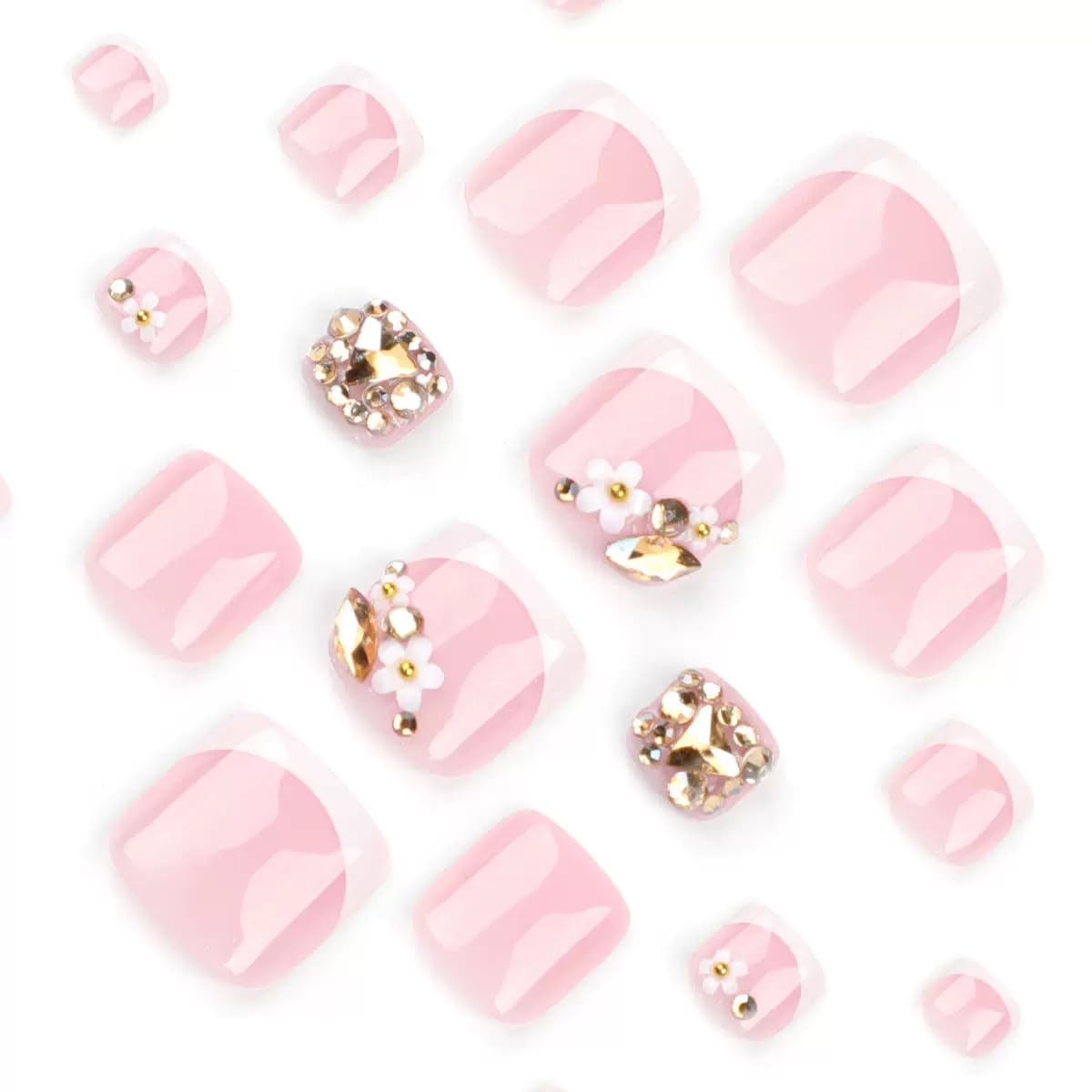 CTTHNBD Press on Toenails - White French Tip Fake Toenails with Flower Charms Design - Short Square Press on Toe Nails - for Women 24 Pcs