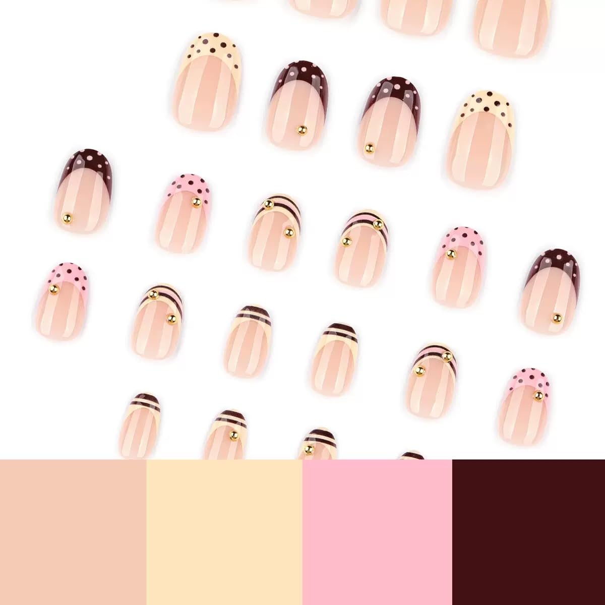 CTTHNBD Short Press on Nails - French Tip Fake Nails with Polka Dot Design - Round False Nails Press ons - for Women 24 Pcs