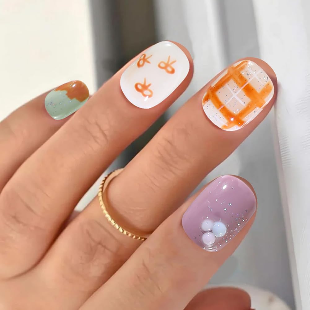 ADAIER Handmade Press On Nails, French Nails,wedding, party,Short Coffin Nails Set for Handmade,Reusable Opaque Nails in 10 Nail Kit for Women(Z-03) (S03, L)