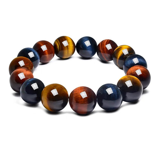 OwizJade 12MM Tiger Eye Bracelet for Women Men Beads | Mixed Red Gold Blue - Fits for About 8" Wrist | Triple Protection Tigers Eye Chakra Gemstones | Anxiety & Stress Relief | Absorb Negative Energy