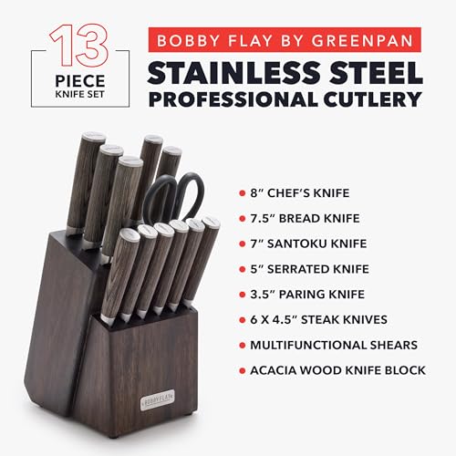 GreenPan x Bobby Flay 13 Piece Stainless Steel Cutlery Kitchen Knife Block Set, Premium Stainless Steel Blades, Acacia Wood Knife Block, Hand Finished Ergonomic Wood Handle, Damascus Steel Design