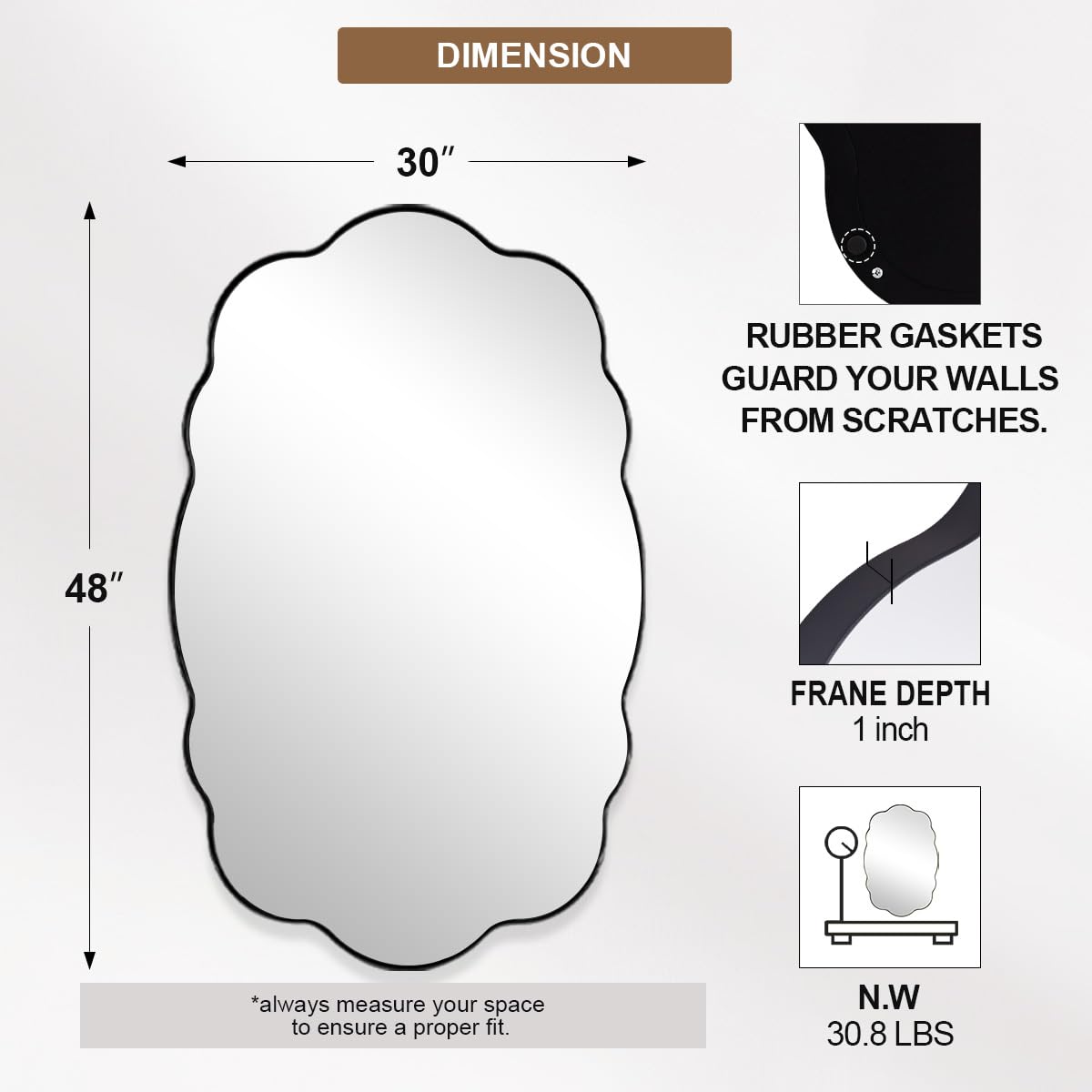 ANDY STAR Matte Black Scalloped Wall Mirror -30x48 Bathroom Vanity Mirror for Vanity, Living Room & Entryway, Anti Rust Stainless Steel MetalWall Mount Horizontal or Vertical