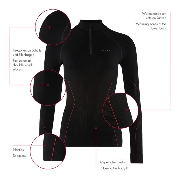 FALKE Women's Maximum Warm Tight Fit Zip Base Layer Top, Thermal Underwear, Cold Temps, Breathable Quick Dry, Nylon, Black (Black 3000), XS, 1 Piece