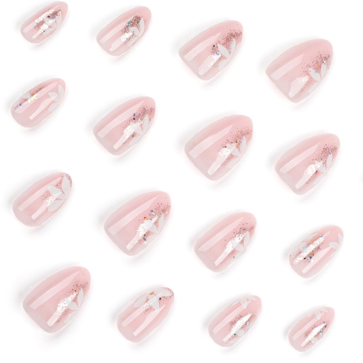 Glitter Pink Press on Nails with Flower Designs, Cute Pink Fake Nails Short Shaped French Tip Nude Acrylic Nails Gloss False Nails Reusable Glue on Nails for Women Girls 24Pcs